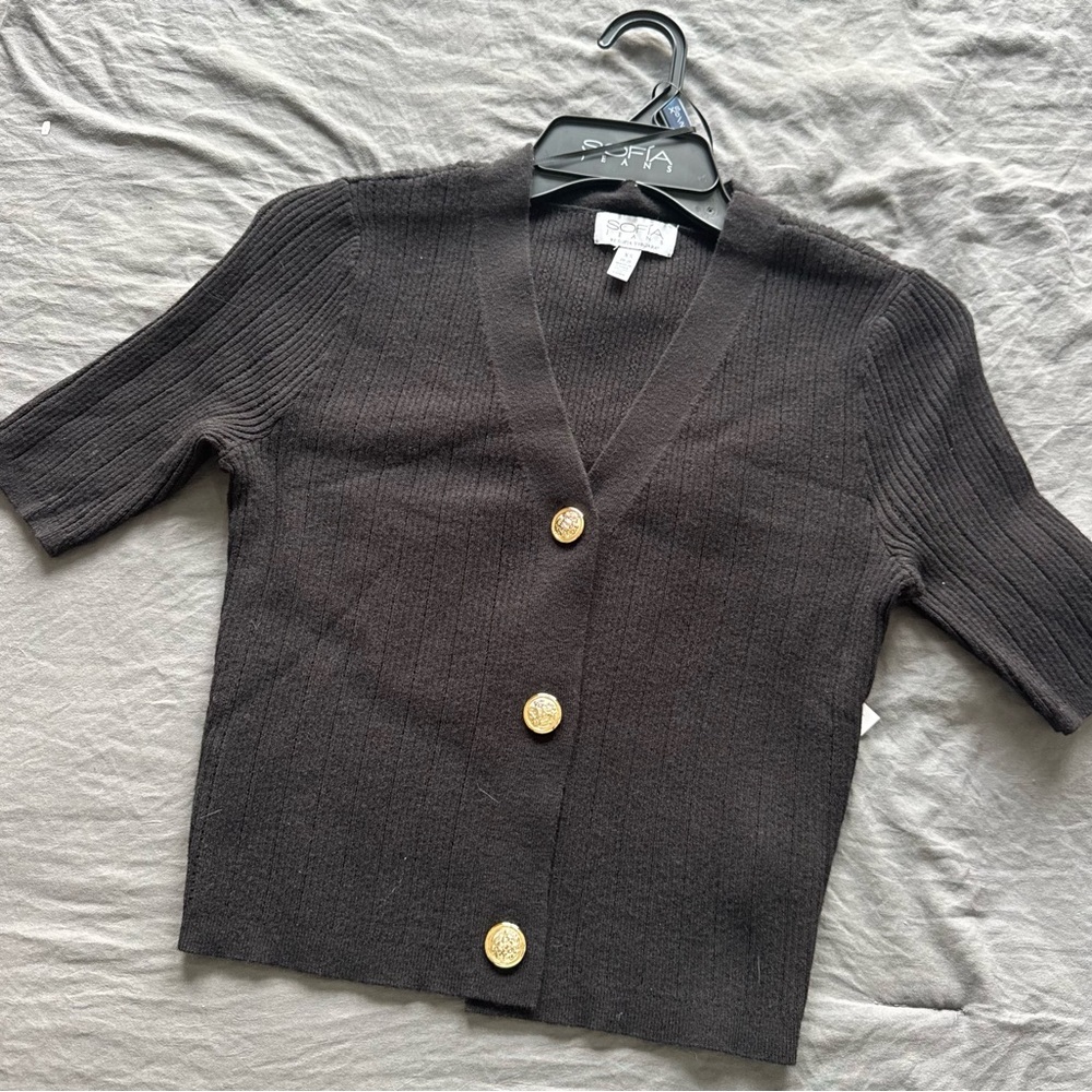Sofia by Sofia Vergara Dark Brown Cardigan with Gold Buttons